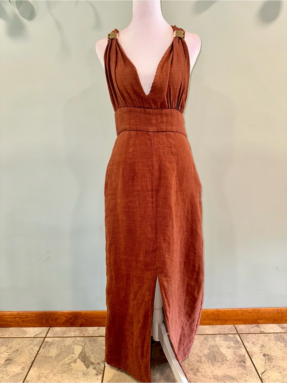 Zara Rust Brown Linen Midi Dress with Front Slit